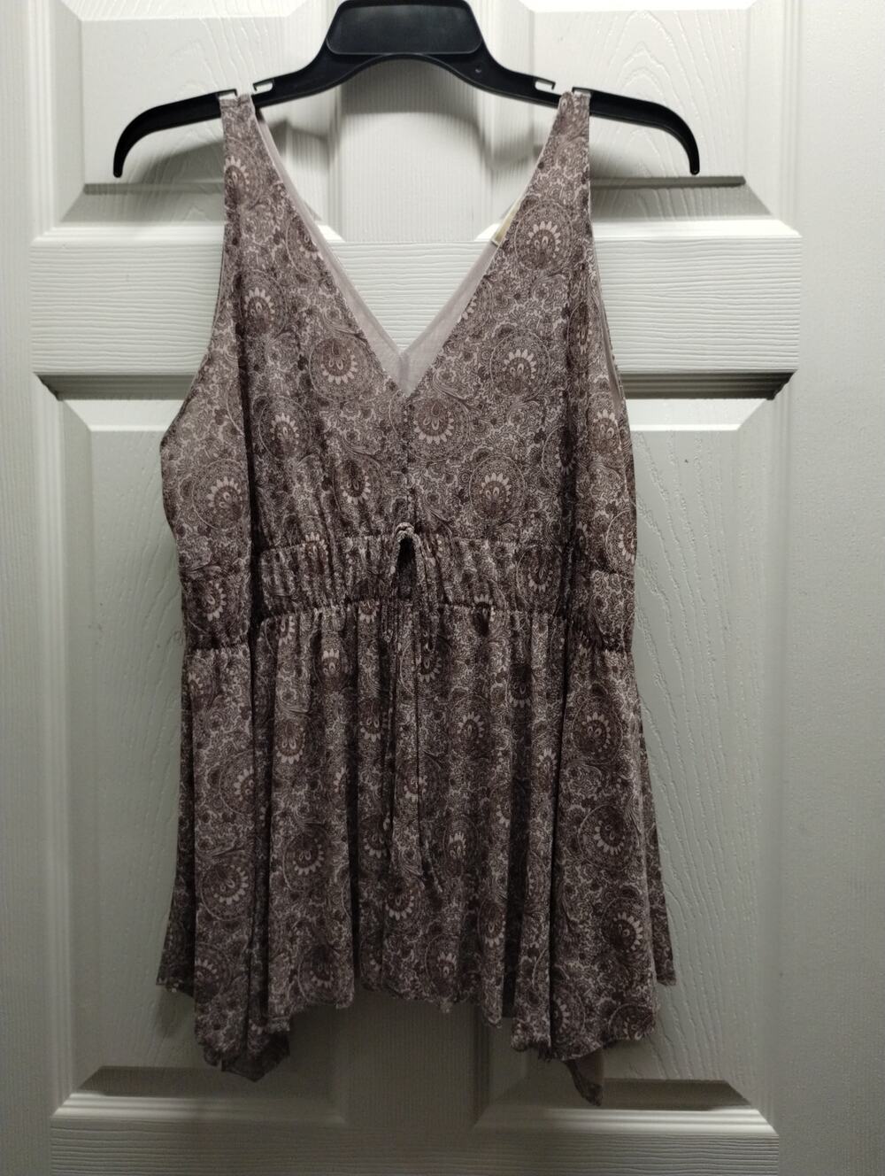 Michael Kors Womens Size Large Brown Paisley Floral V-Neck Waist Tie Tank Blouse